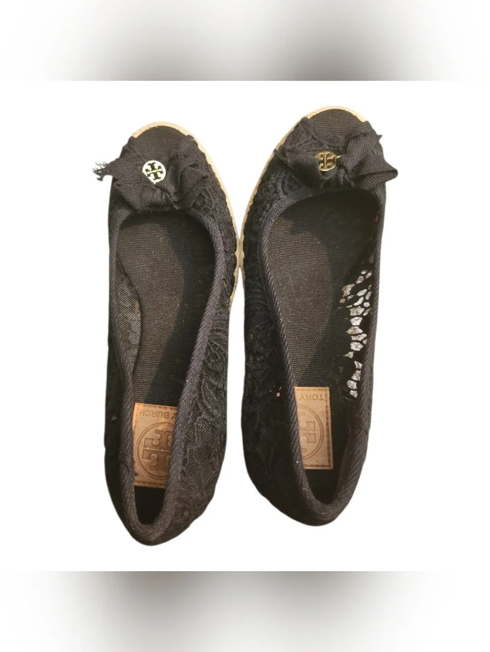 Tory Burch Jackie Espadrilles Wedge Peep Toe Black Canvas Women's 8 Coastal Chic